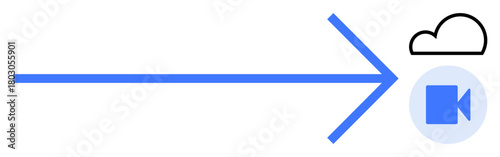Blue arrow pointing towards video icon and cloud, symbolizing video upload, data sharing, and cloud storage. Ideal for technology, communication, streaming, data transfer, cloud storage file