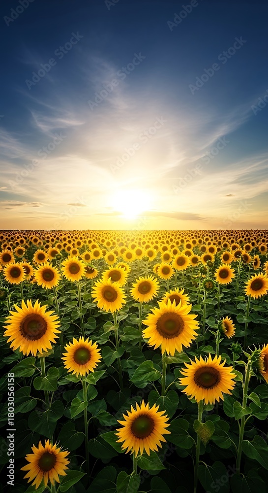 Fototapeta premium Vibrant Sunflower Field Under a Golden Sunset Sky.
