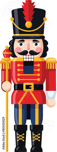 A colorful wooden nutcracker soldier figurine with a red and gold uniform stands against a plain white background, symbolizing happy holidays.