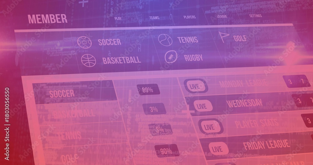 Naklejka premium Displaying sports dashboard on screen, showing MEMBER label, LIVE buttons, percentage badges