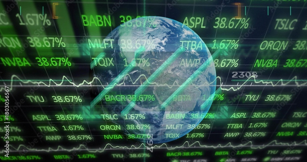 Obraz premium Showing semi-transparent Earth globe amid virtual finance dashboard, displaying neon tickers