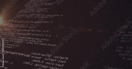 Projecting angled monospaced code lines diagonally on dark screen, showing lens flare, particles