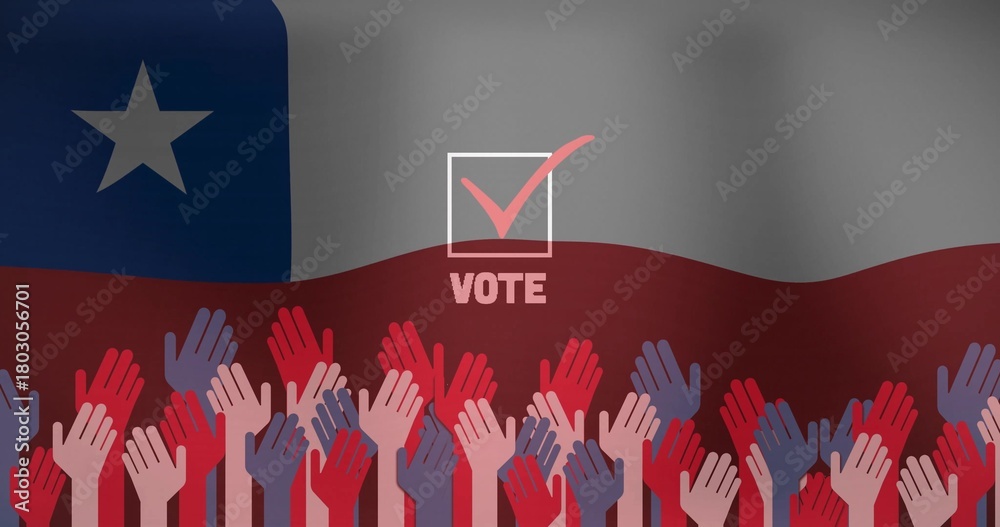 Naklejka premium Displaying raised hands cluster with central checkbox showing pink check mark VOTE on poster flag