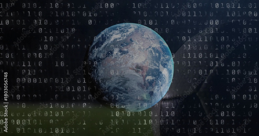 Obraz premium Displaying Earth globe in digital backdrop, with binary overlay, silhouette and green band