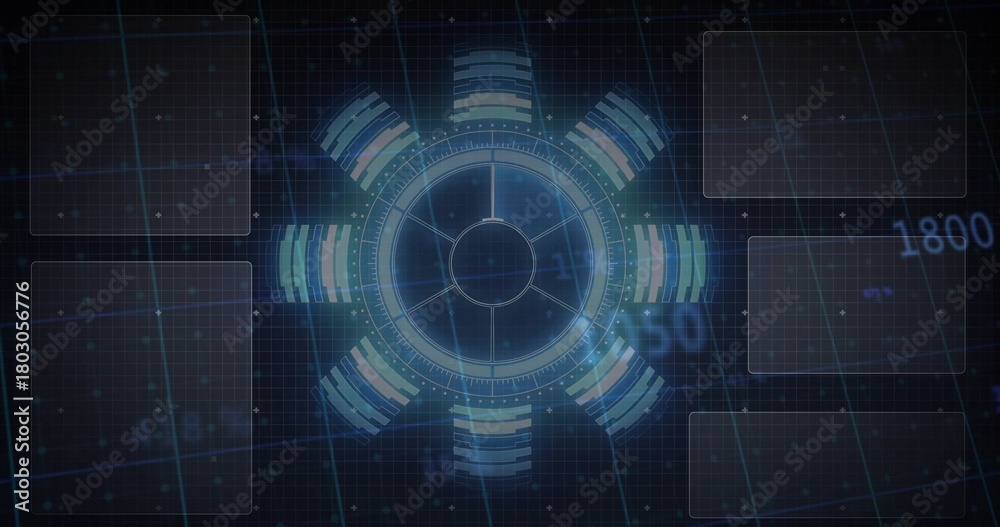 Fototapeta premium Pulsing central HUD showing ringed reticle and ticks in virtual console with six bars, panels