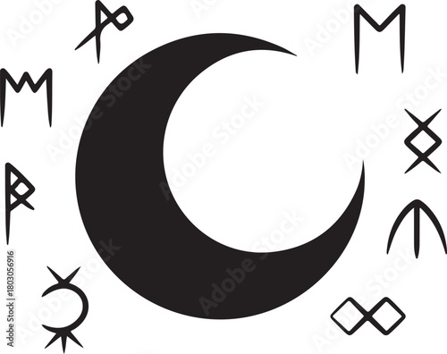 “A bold black silhouette of a crescent moon surrounded by floating magical runes, creating a mystical and enchanting aesthetic