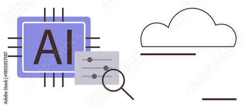 AI processor chip, cloud outline, control sliders, and magnifying glass combine data processing, cloud storage, and analytics. Ideal for AI, technology, cloud computing innovation digital