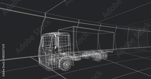 Sitting wireframe box truck model centered in curved tunnel, showing cargo box, wheels and grid
