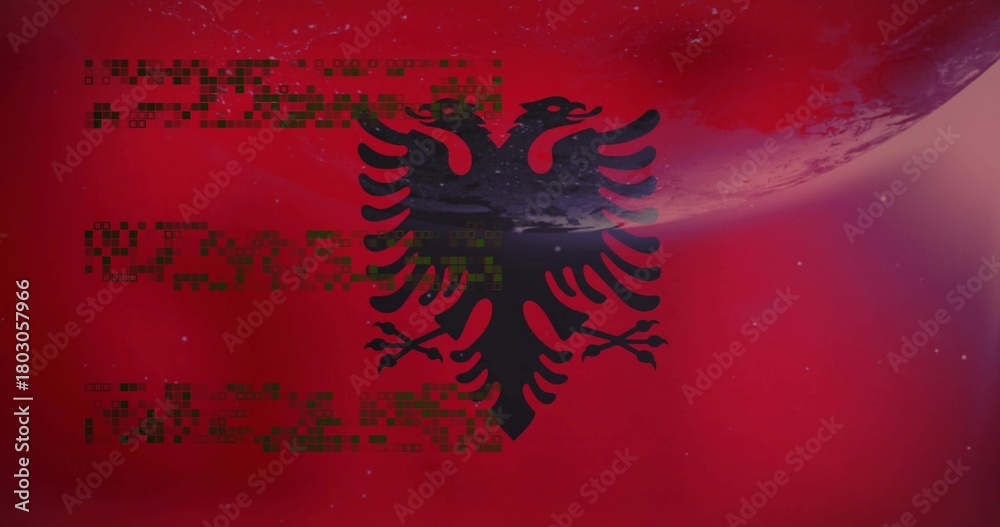 Obraz premium Displaying black two-headed eagle emblem crossing over red space field with moon green pixels stars