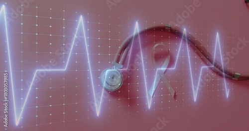 Displaying stethoscope chestpiece and pink awareness ribbon on studio flatlay with neon ECG grid