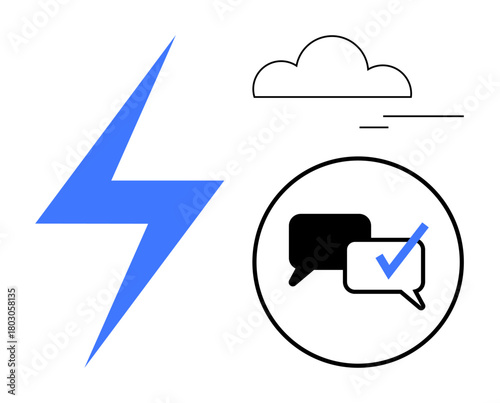 Black and blue communication symbols with speech bubbles, checkmark, lightning bolt, and cloud. Ideal for cloud services, messaging apps, digital communication, quick service, technology workflow