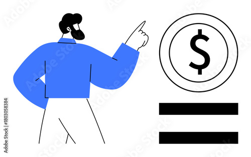 Man gesturing towards a dollar sign in a coin outline above an equality icon. Ideal for finance, equality, economy, budgeting, wealth distribution, corporate strategy, and economic balance. Clean