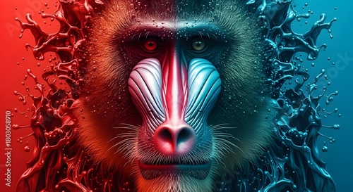 Primal Contrast: Mandrill Portrait in Electric Red and Blue Liquid Art