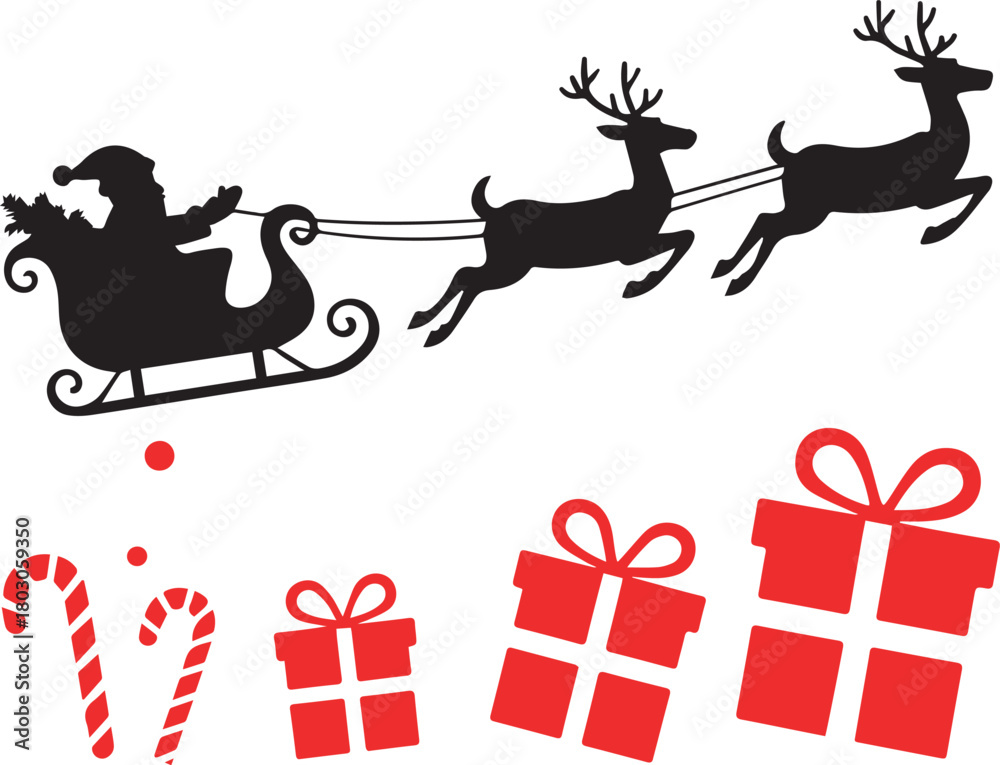 Fototapeta premium Christmas santa claus reindeer sleigh gifts candy canes vector graphic silhouette