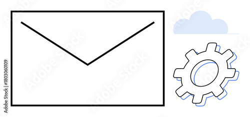 Large envelope alongside a gear and a cloud representing email communication, automation, and storage. Ideal for technology, productivity, cloud computing, connectivity, system integration, business