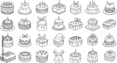 Festive Cake Collection: Hand-Drawn Vector Set of Holiday Desserts