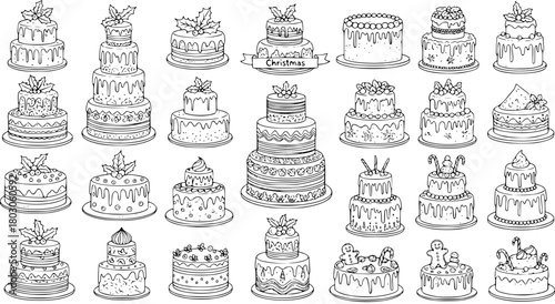 Set of 29 hand-drawn outline cakes, featuring diverse designs from multi-tiered wedding and birthday cakes to festive Christmas and holiday treats. Perfect for coloring books or design elements.