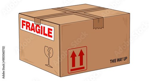 Brown Cardboard Shipping Box with Fragile and This Way Up Labels