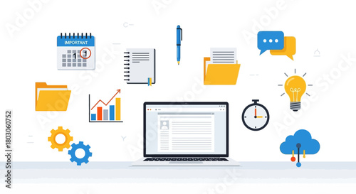 Business and Technology Icons Representing Productivity and Innovation