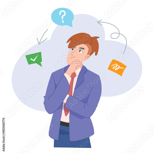 Business cartoon of a young businessman deep in thought. The illustration is a common visual metaphor for problem-solving, decision-making, or contemplation