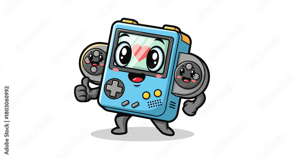 Fototapeta premium Cartoon Game Console Character with Heart Eyes and Controller Arms