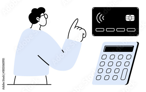 Man raising finger towards contactless card and calculator, representing finance, technology, payment, budgeting, online transactions, business management. Ideal for fintech, banking e-commerce