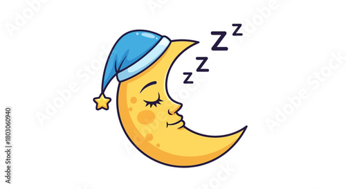 Cartoon Crescent Moon Sleeping with Nightcap and Zzz's