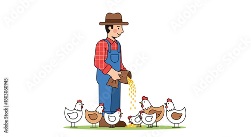 Cartoon Farmer Feeding Chickens with Grain from a Sack