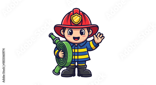 Cartoon Firefighter Holding Hose, Waving Hand, Smiling.