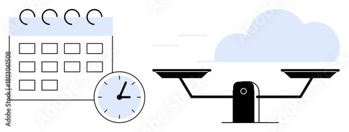 Calendar with clock indicating scheduling and time management, scales balancing tasks symbolizing fairness and priorities. Ideal for productivity, organization, balance, efficiency, time