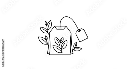 Tea bag with leaves line icon for organic tea branding and minimalist packaging design