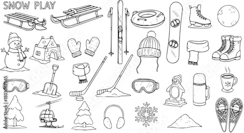 Snow Play: Line Art Illustration of Winter Activities and Gear