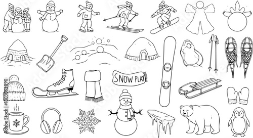Winter Fun Doodles: Hand-Drawn Collection of Snow Activities, Gear, and Wildlife Line Art