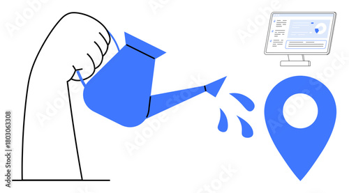 Hand holds watering can, splashing water onto a blue location marker, with screen displaying map interface. Ideal for growth, navigation, digital strategy, innovation, sustainability, goal setting