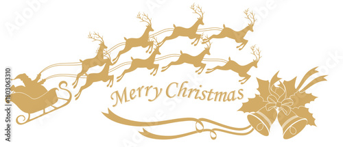 Vector silhouette illustration of santa claus sleigh and his reindeer with christmas bells