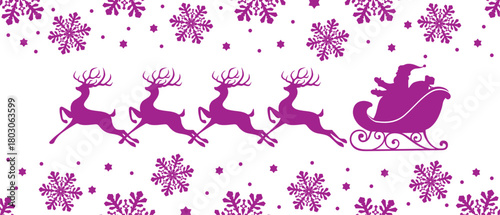 Santa Claus's sleigh and his reindeer are flying among the snowflakes