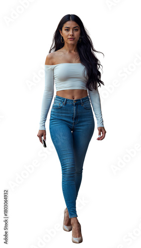 Confident Stylish Woman Walking in Casual Fashion Outfit on Transparent Background