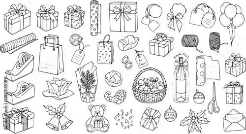 Hand-drawn doodle set of gift wrapping supplies, festive presents, celebration elements, and holiday decorations, including boxes, bows, bags, and ribbons on white background.