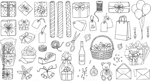 Hand-drawn sketch collection of festive gift wrapping and celebration elements. Includes gift boxes, bows, wrapping paper, tags, balloons, scissors, and holiday decorations.