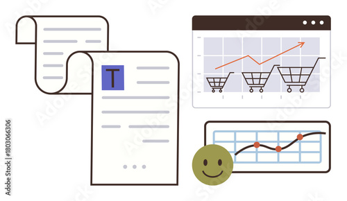 Shopping carts, sales graphs, report pages, and a smiling face communicate analytics, progress, and success. Ideal for e-commerce, sales analysis, business growth data insight performance tracking