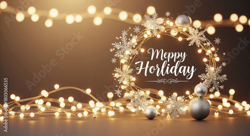 Glowing holiday wreath with silver snowflakes and christmas ornaments. Festive winter celebration background with bokeh lights and copy space
