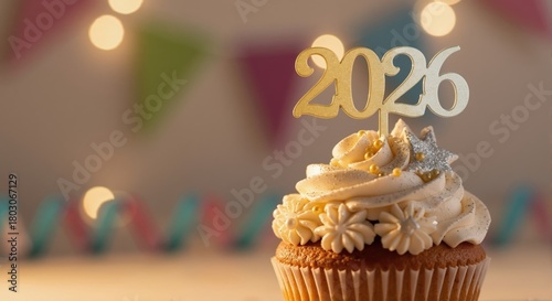 Fototapeta Naklejka Na Ścianę i Meble -  Happy New Year 2026 celebration cupcake. Festive dessert with gold topper and glitter on a party background with bokeh lights and copy space