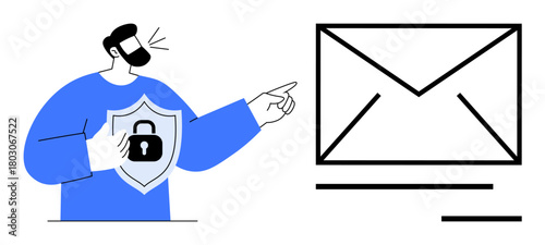 Man pointing at a large envelope symbol while holding a shield with a lock. Ideal for cybersecurity, email safety, data protection, online privacy, secure messaging, encryption, and digital trust. A