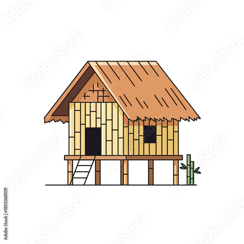 Charming bamboo stilt house illustration with thatched roof and ladder