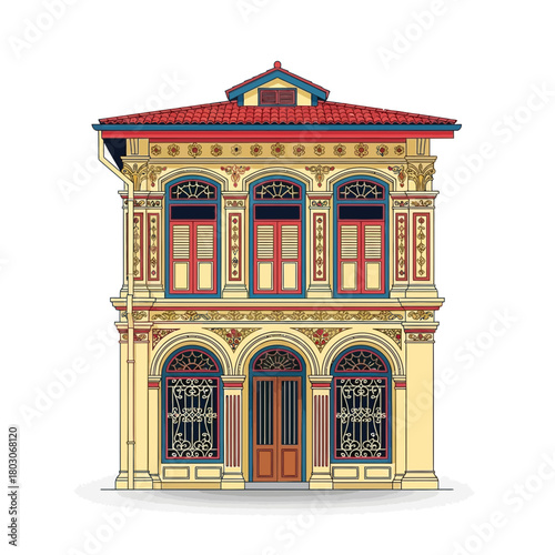 Detailed illustration of a classic, ornate Straits Chinese shophouse facade
