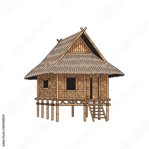 Detailed illustration of a traditional bamboo stilt house on white background