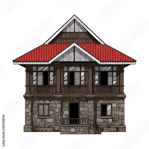 Detailed illustration of a traditional filipino bahay na bato house design
