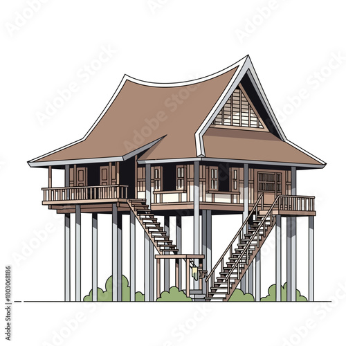 Distinctive traditional stilt house, architectural vector representation