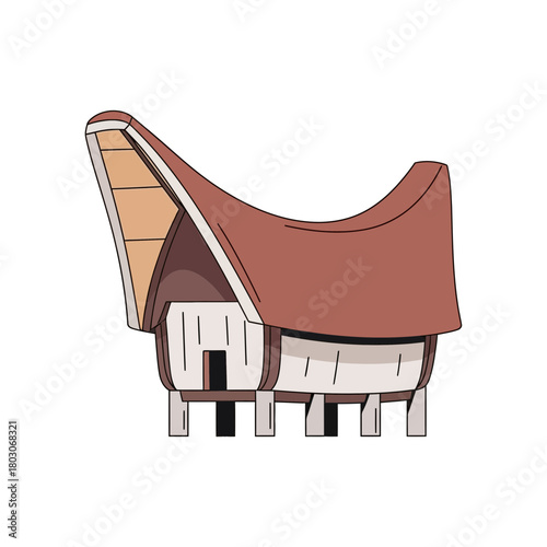 Illustrated representation of a traditional Toraja house design, showcasing unique architecture