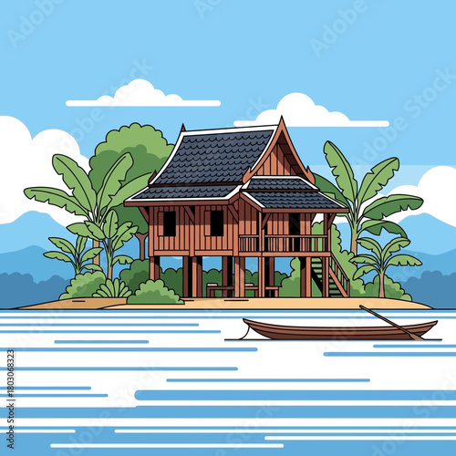 Idyllic traditional Thai house on stilts by the river vector illustration